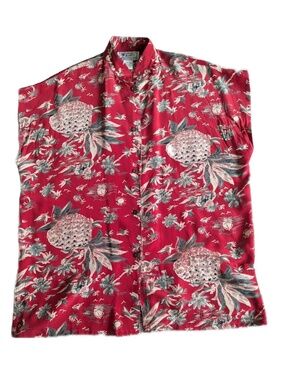 Vintage avanti red silk hawaiian button down shirt mandarin collar XL polynesian